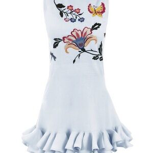 Fanm Mon Flirt Blue Floral Embroidered Ruffle Hem Dress